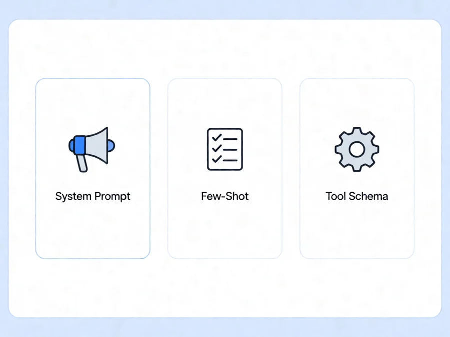 Prompt engineering principles diagram showing system prompt, few-shot examples, and tool schema