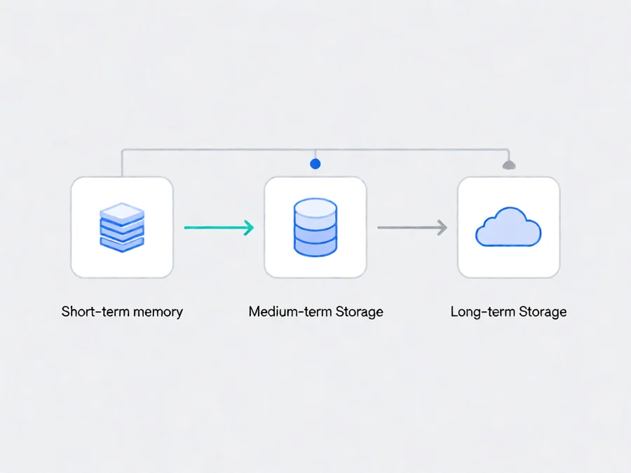 Context window strategies flow diagram showing short-term, medium-term, and long-term memory