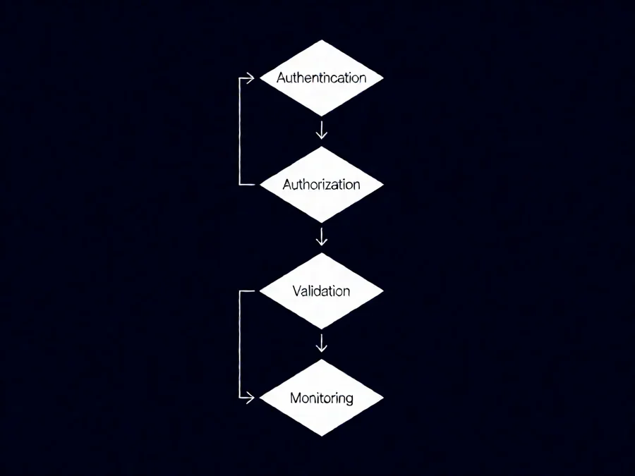 Decision flowchart for AI agent security implementation stages authentication authorization validation and monitoring