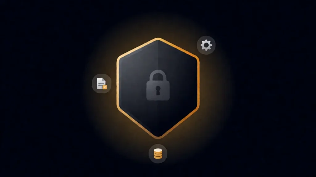 AI agent security shield with padlock and layered protection icons on dark background