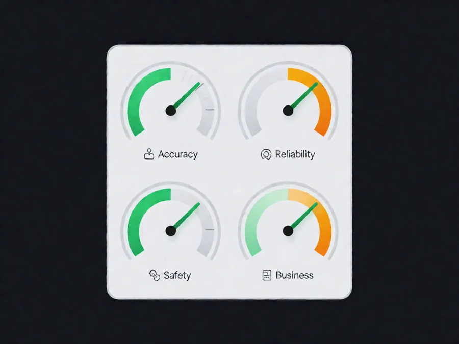 AI Agent Evaluation Metrics Dashboard - Performance gauges showing accuracy reliability safety and business metrics