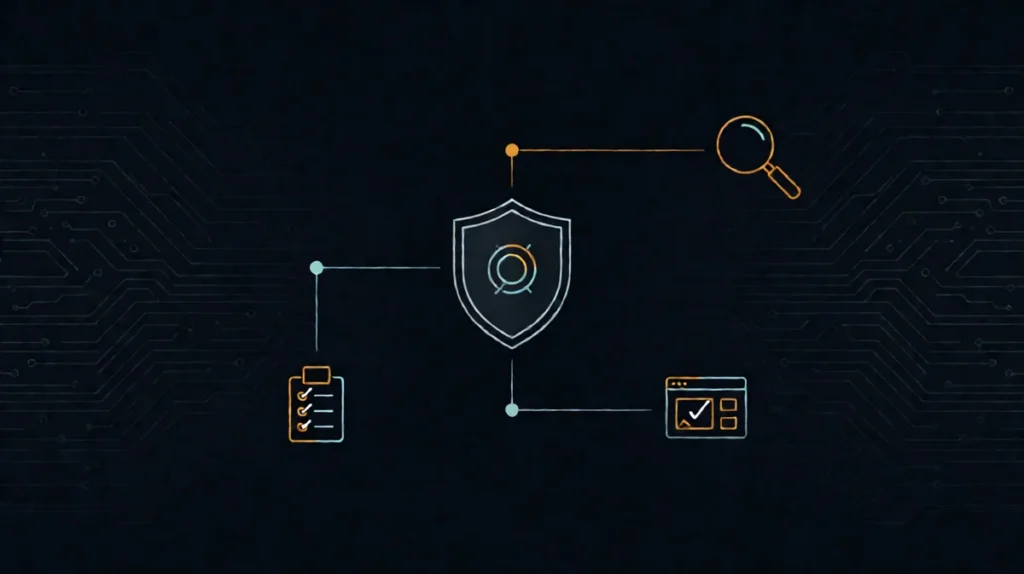 AI agent testing validation shield with gear icons on dark background